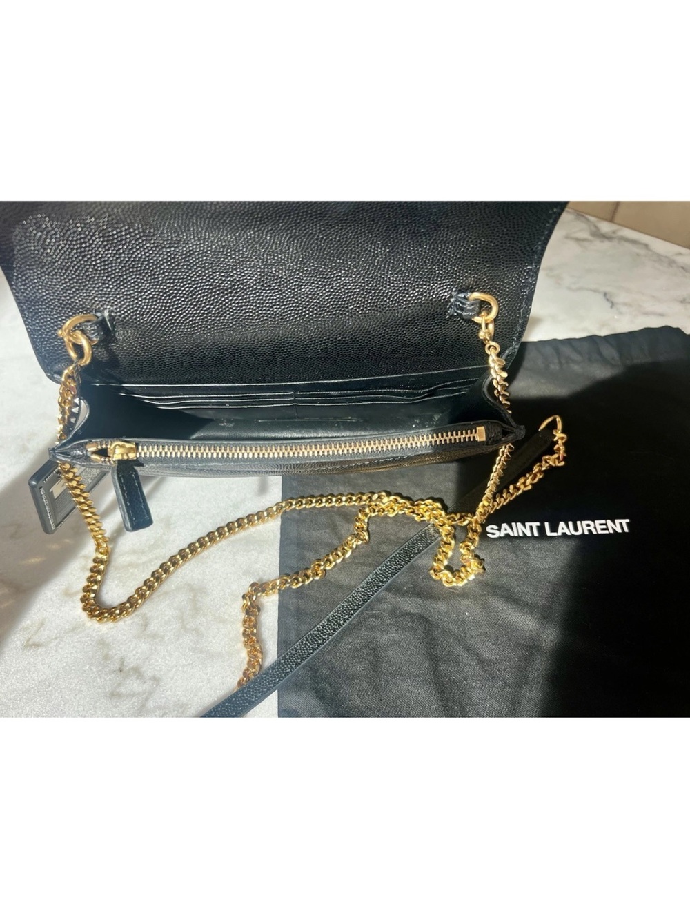 YSL Saint Laurent Black Gold Grained Cassandre Envelope Crossbody Clutch - Picture 6 of 6